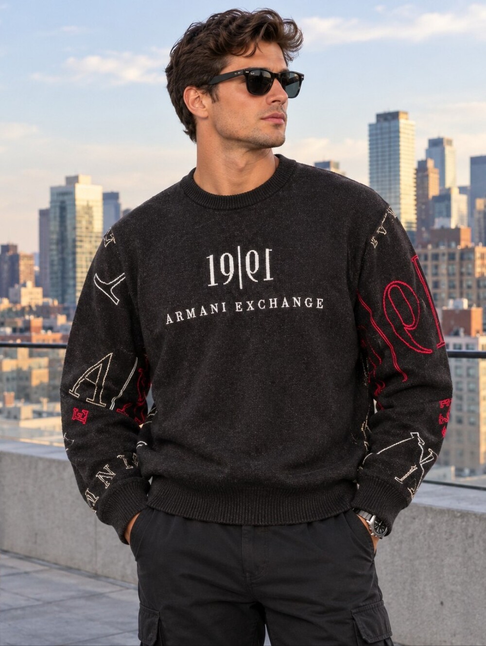 $198 Armani Exchange Black Crewneck Men Sweater Logo